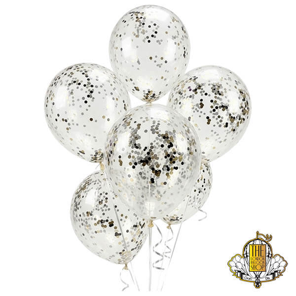 Helium balloon bunch made of confetti balloons in gold, silver, and black. Helium balloon confetti bunch delivered inflated.